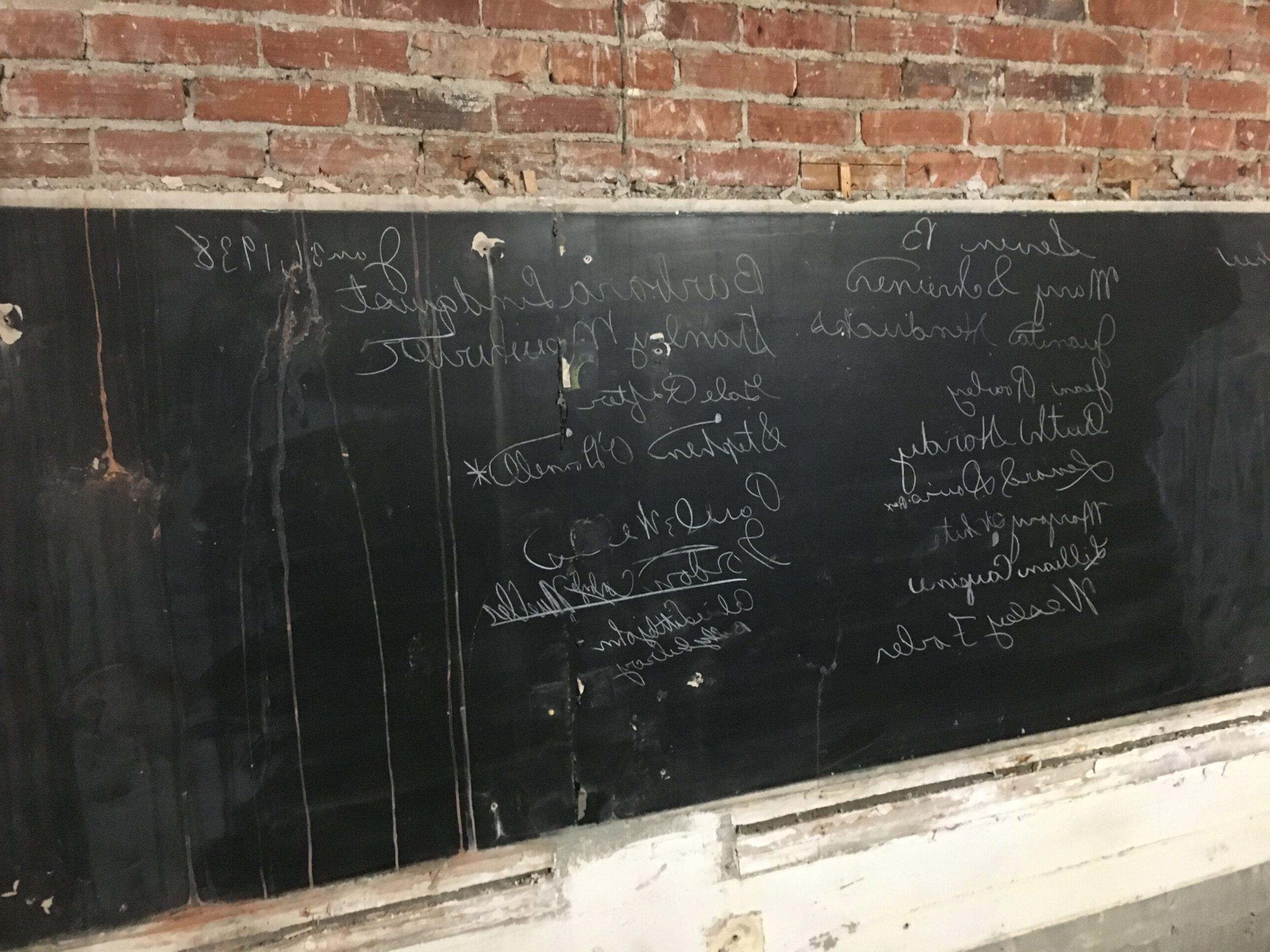 a black board has chalked names on it